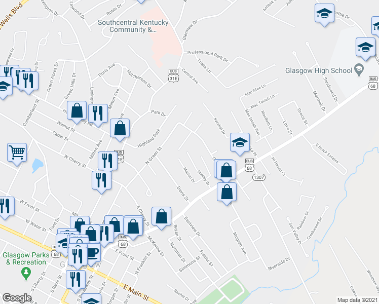 map of restaurants, bars, coffee shops, grocery stores, and more near 226 Shelley Drive in Glasgow