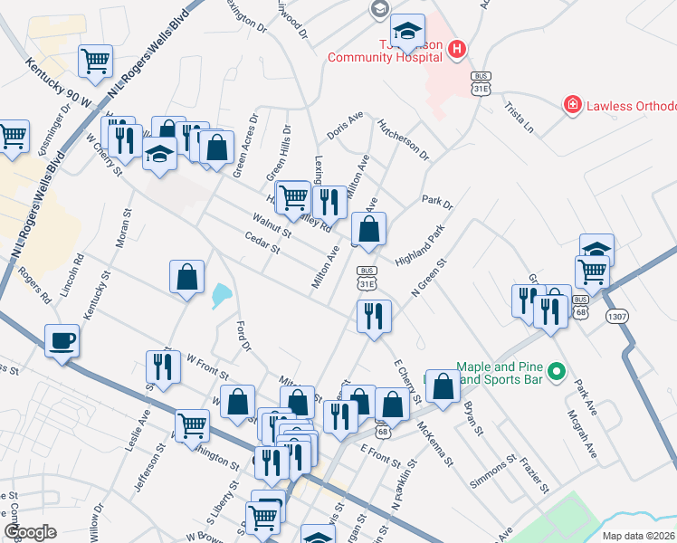 map of restaurants, bars, coffee shops, grocery stores, and more near 102 Garmon Avenue in Glasgow