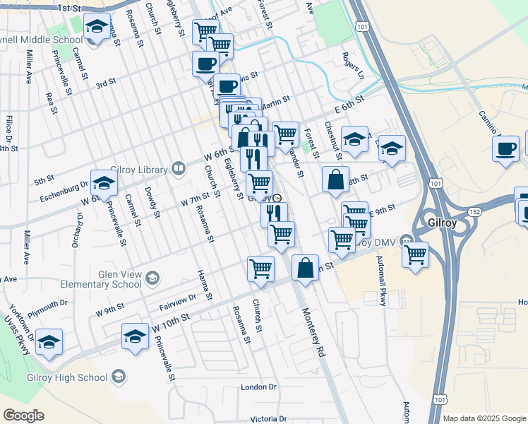 map of restaurants, bars, coffee shops, grocery stores, and more near 7225 Monterey Road in Gilroy