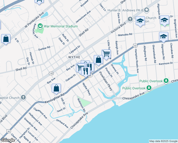 map of restaurants, bars, coffee shops, grocery stores, and more near 215 Pocahontas Place in Hampton