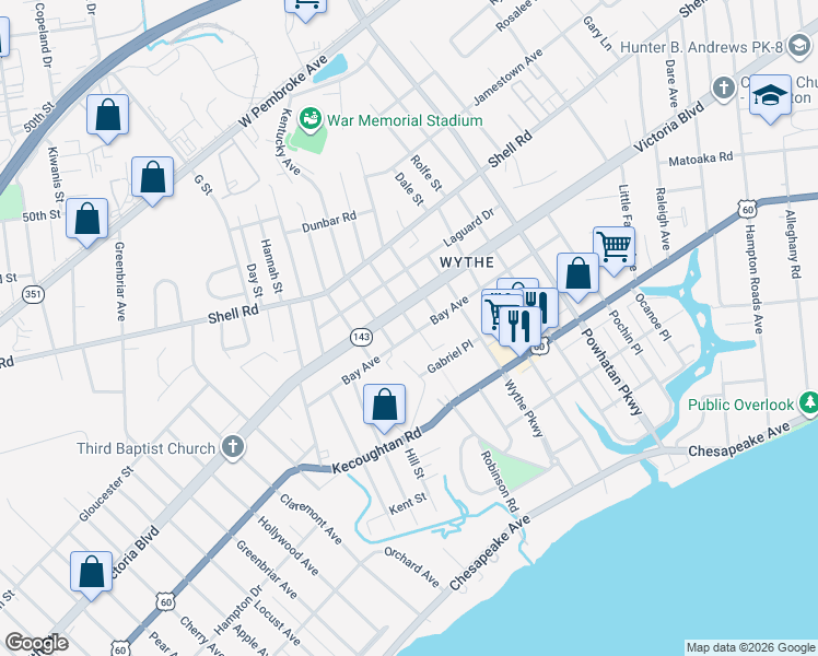 map of restaurants, bars, coffee shops, grocery stores, and more near 2015 Bay Avenue in Hampton
