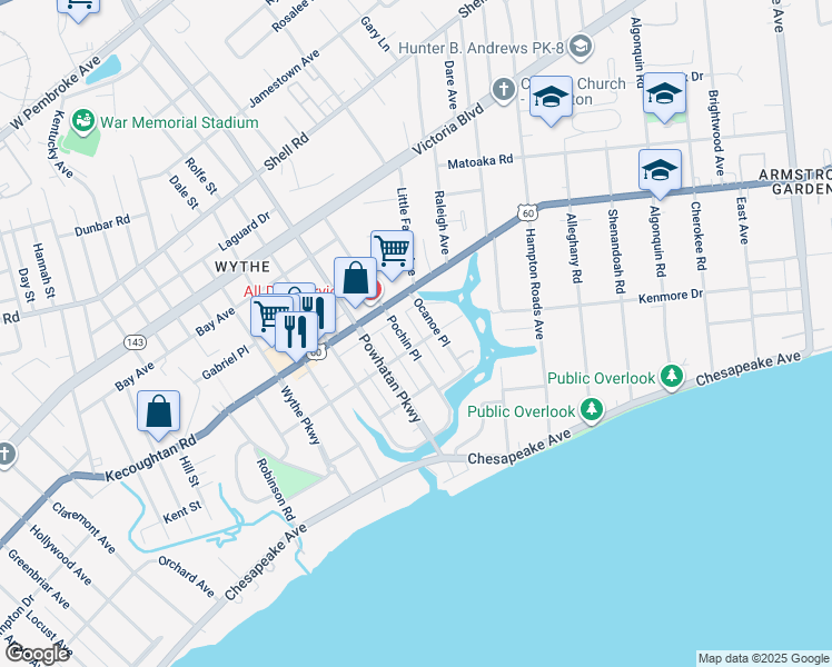 map of restaurants, bars, coffee shops, grocery stores, and more near 130 Pochin Place in Hampton