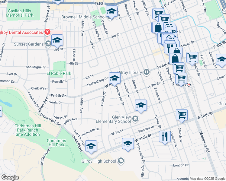 map of restaurants, bars, coffee shops, grocery stores, and more near 7368 Ailes Court in Gilroy