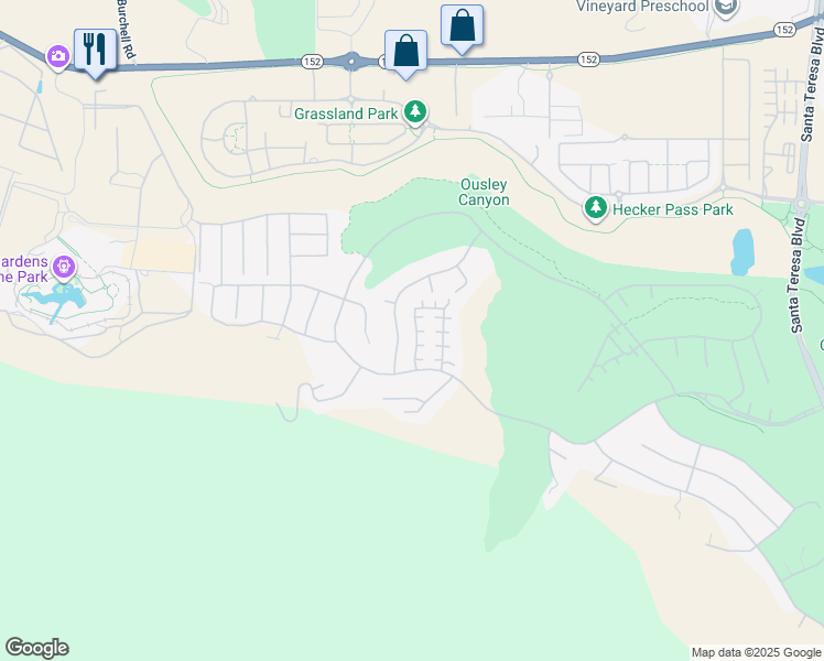 map of restaurants, bars, coffee shops, grocery stores, and more near 7551 Edinburgh Way in Gilroy