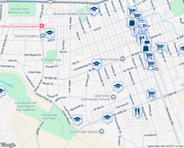 map of restaurants, bars, coffee shops, grocery stores, and more near 7379 Ailes Court in Gilroy