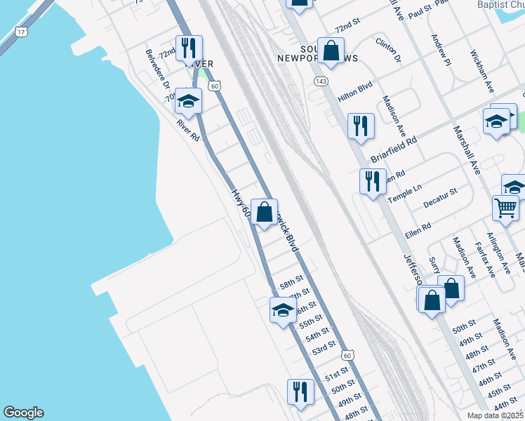 map of restaurants, bars, coffee shops, grocery stores, and more near 317 63rd Street in Newport News