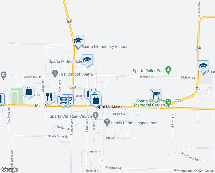 map of restaurants, bars, coffee shops, grocery stores, and more near Park Circle in Sparta