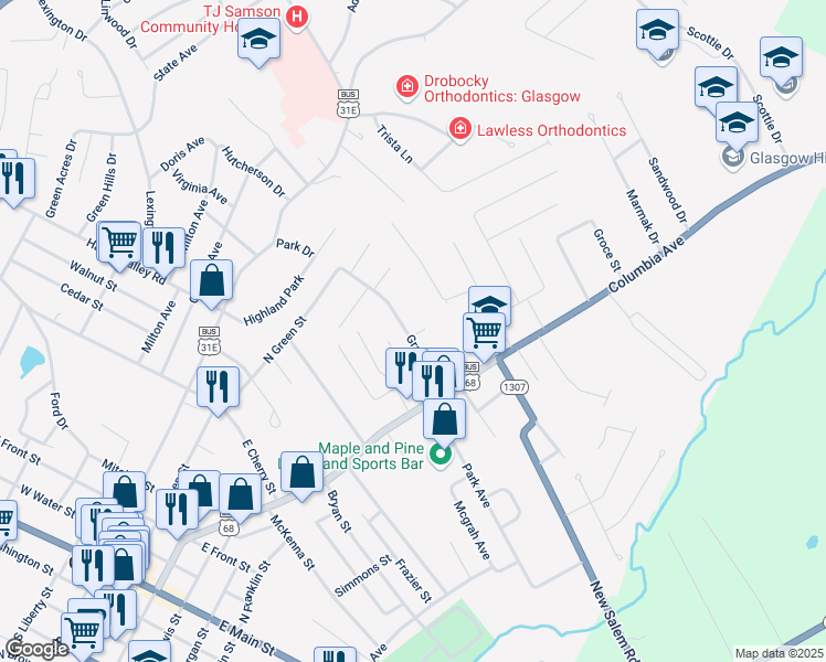 map of restaurants, bars, coffee shops, grocery stores, and more near 141 Grand Avenue in Glasgow