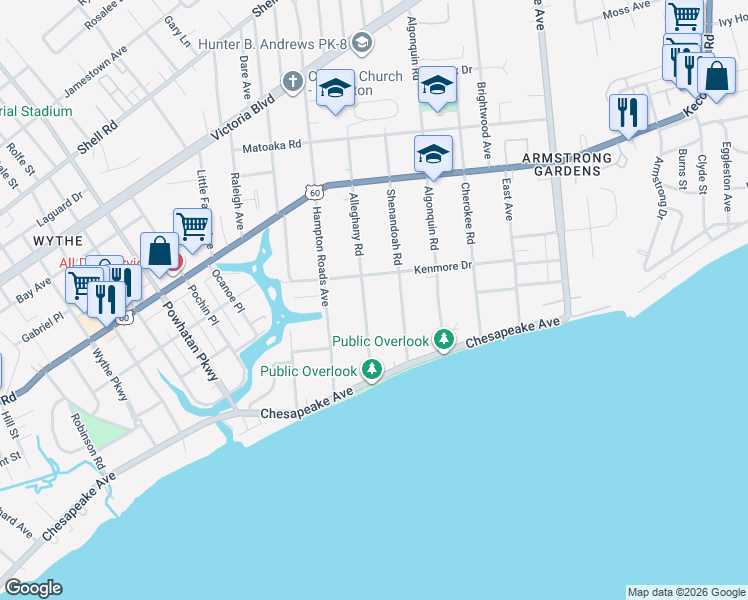 map of restaurants, bars, coffee shops, grocery stores, and more near 87 Alleghany Road in Hampton