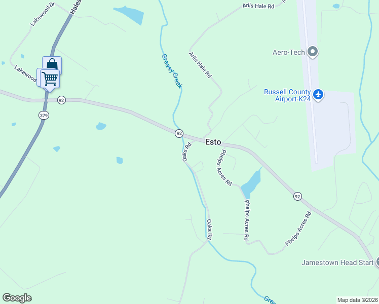 map of restaurants, bars, coffee shops, grocery stores, and more near Oaks Road in Jamestown