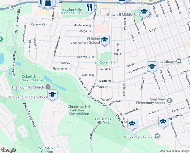 map of restaurants, bars, coffee shops, grocery stores, and more near 7425 Wren Avenue in Gilroy