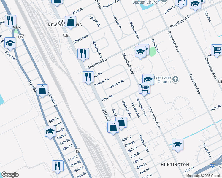 map of restaurants, bars, coffee shops, grocery stores, and more near 622 Decatur Street in Newport News