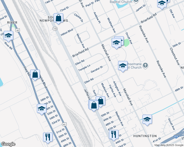 map of restaurants, bars, coffee shops, grocery stores, and more near 622 Decatur Street in Newport News