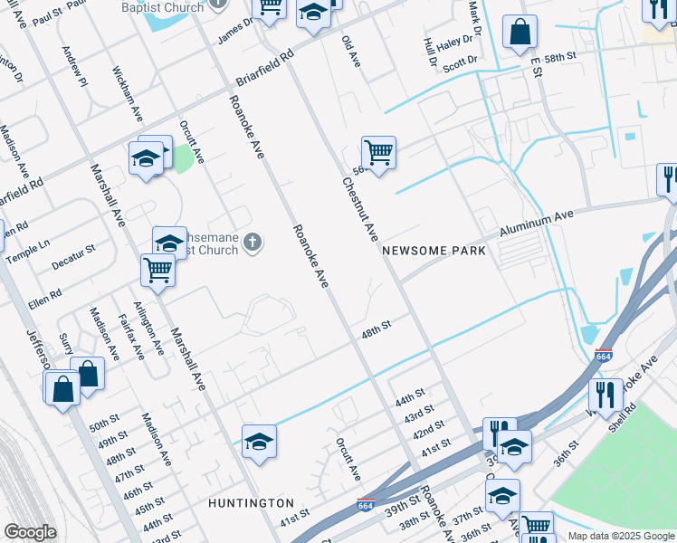 map of restaurants, bars, coffee shops, grocery stores, and more near 5102 Roanoke Avenue in Newport News