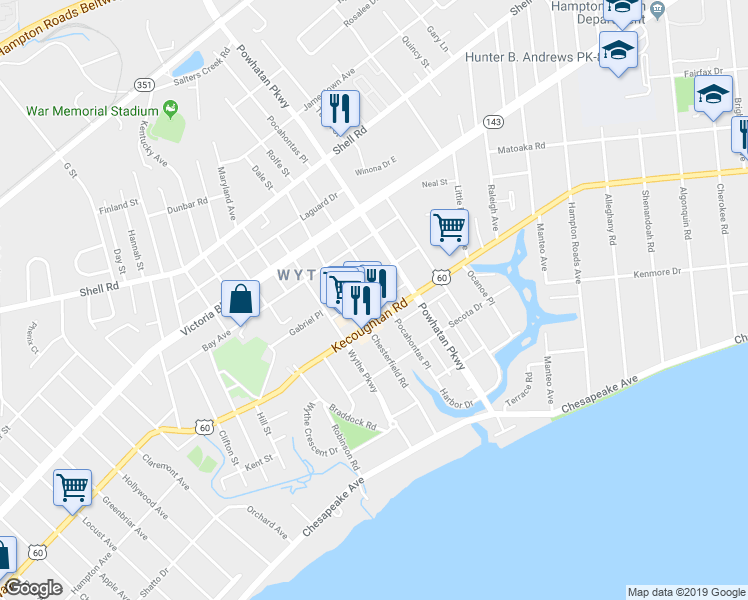 map of restaurants, bars, coffee shops, grocery stores, and more near 215 Pocahontas Pl in Hampton