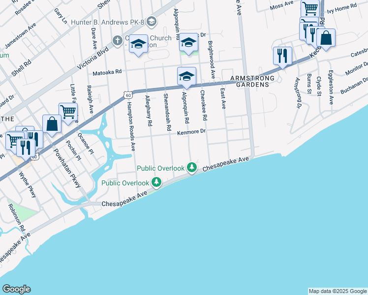 map of restaurants, bars, coffee shops, grocery stores, and more near 69 Algonquin Road in Hampton