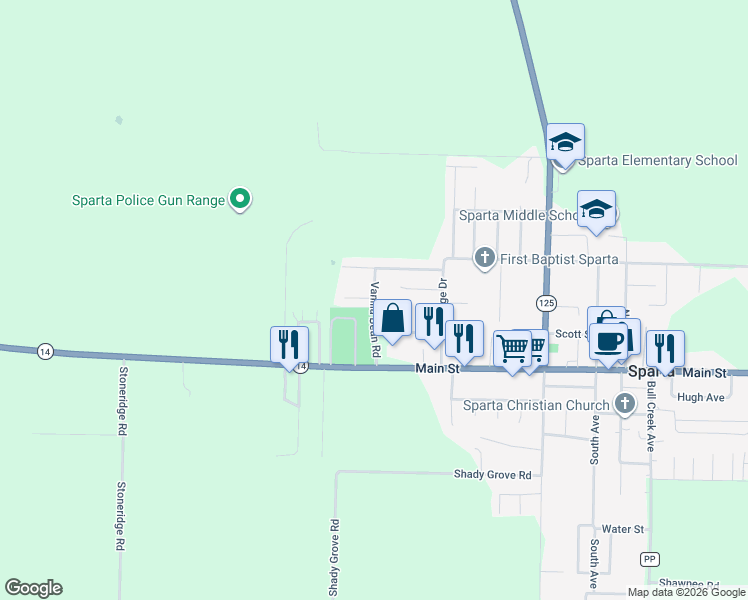 map of restaurants, bars, coffee shops, grocery stores, and more near Vanilla Bean Rd in Sparta