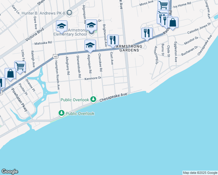 map of restaurants, bars, coffee shops, grocery stores, and more near 3508 Spottswood Place in Hampton