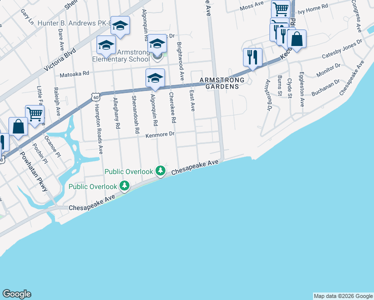 map of restaurants, bars, coffee shops, grocery stores, and more near 3508 Spottswood Place in Hampton