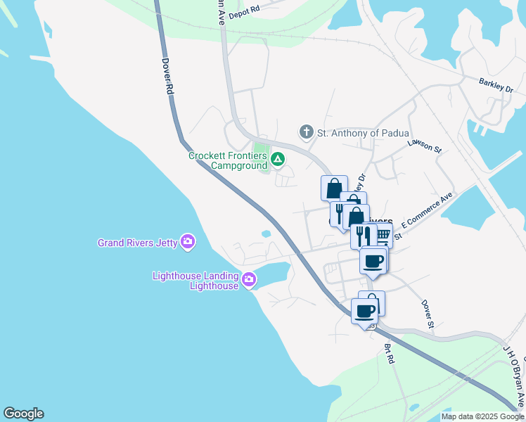 map of restaurants, bars, coffee shops, grocery stores, and more near Dover Road in Grand Rivers