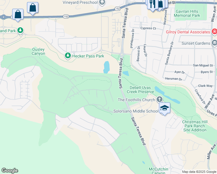 map of restaurants, bars, coffee shops, grocery stores, and more near 1933 Saint Andrews Circle in Gilroy