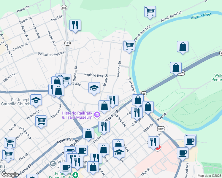 map of restaurants, bars, coffee shops, grocery stores, and more near 301-399 Coombs Dr in Bowling Green