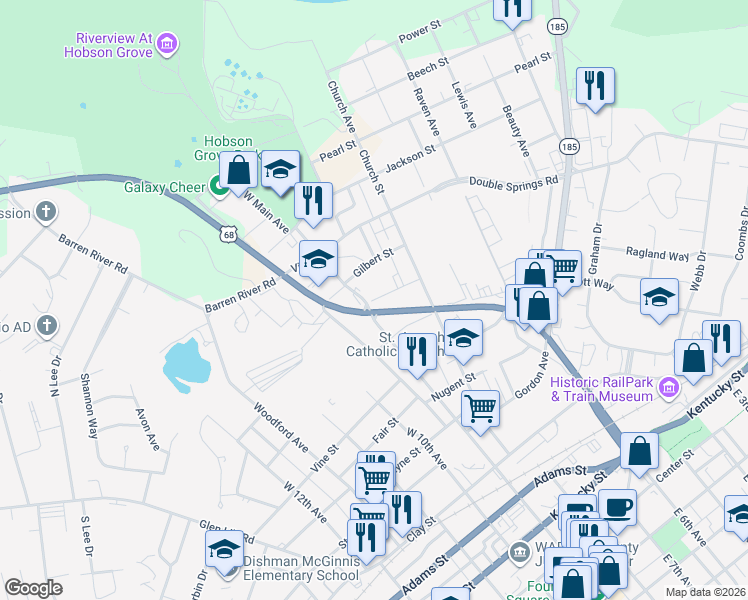map of restaurants, bars, coffee shops, grocery stores, and more near 674 West Main Avenue in Bowling Green