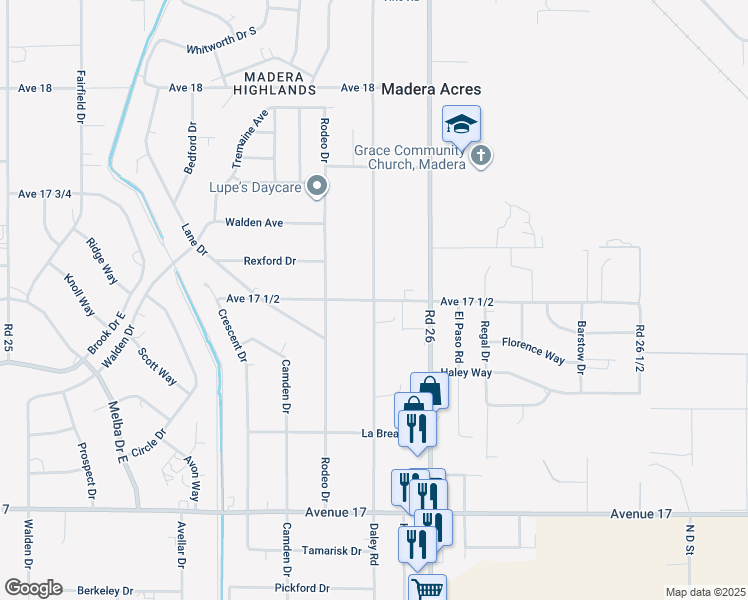 map of restaurants, bars, coffee shops, grocery stores, and more near Daley Road & Avenue 17 1/2 in Madera