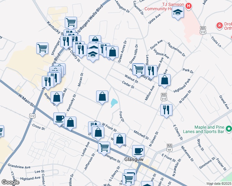 map of restaurants, bars, coffee shops, grocery stores, and more near 215 Ford Drive in Glasgow