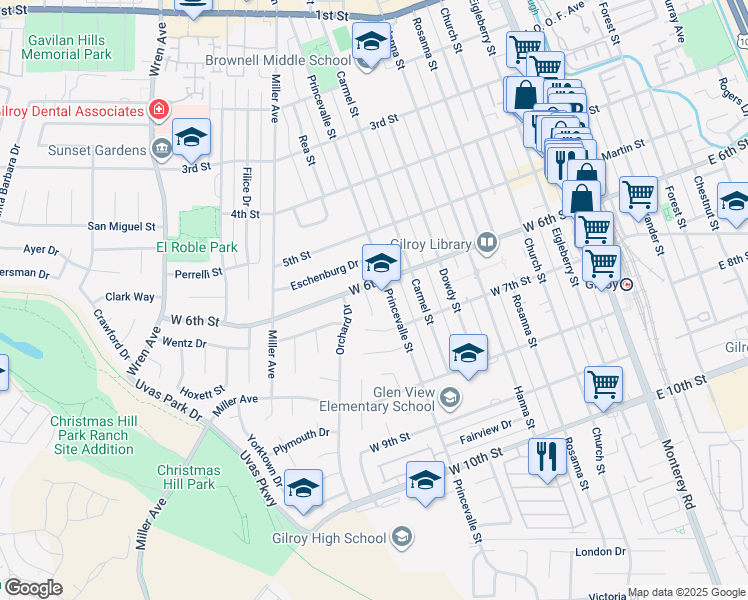 map of restaurants, bars, coffee shops, grocery stores, and more near 7376 Ailes Court in Gilroy