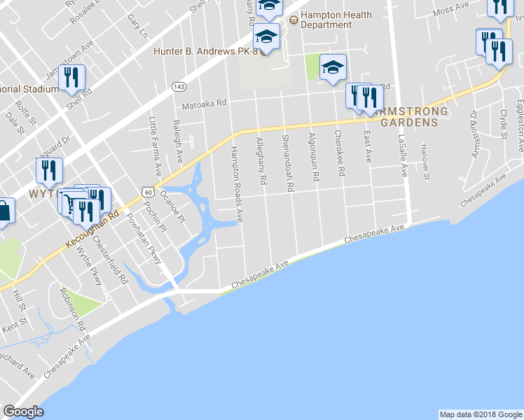 map of restaurants, bars, coffee shops, grocery stores, and more near 89 Alleghany Road in Hampton