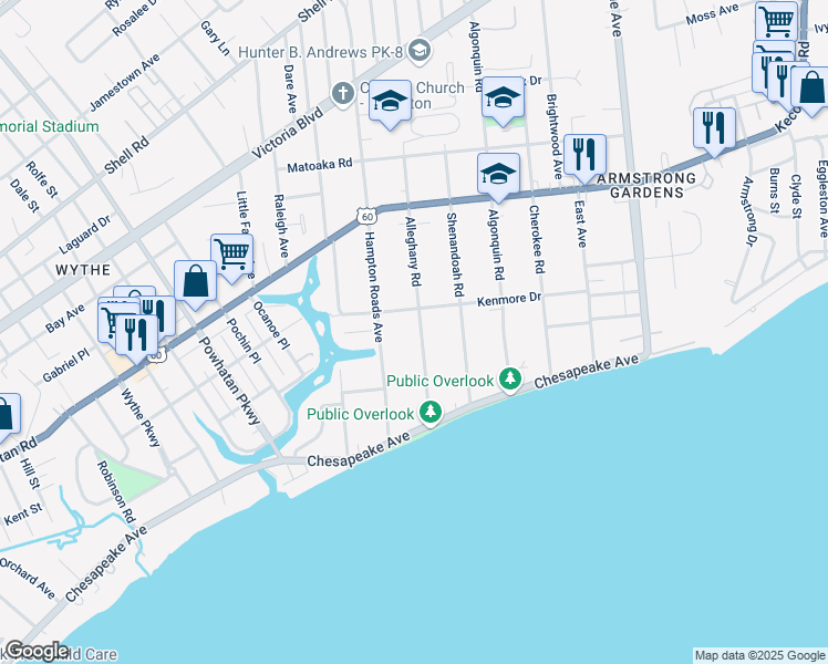 map of restaurants, bars, coffee shops, grocery stores, and more near 89 Alleghany Road in Hampton