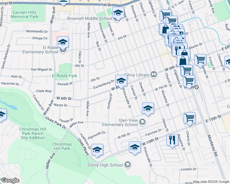 map of restaurants, bars, coffee shops, grocery stores, and more near 7387 Ailes Court in Gilroy