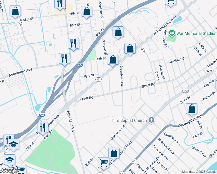 map of restaurants, bars, coffee shops, grocery stores, and more near 631 Vaughan Avenue in Hampton
