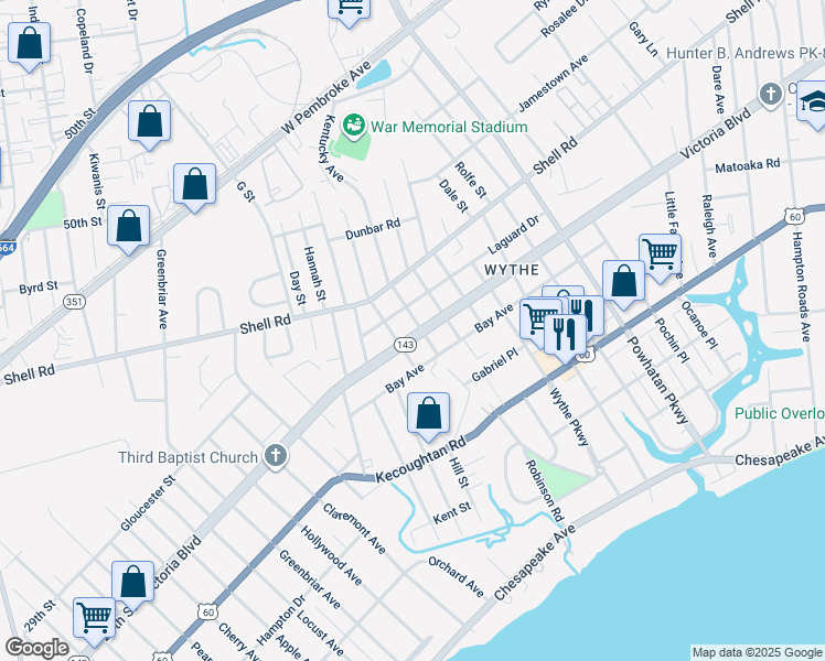 map of restaurants, bars, coffee shops, grocery stores, and more near in Hampton