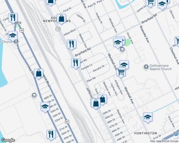 map of restaurants, bars, coffee shops, grocery stores, and more near 620 Decatur Street in Newport News