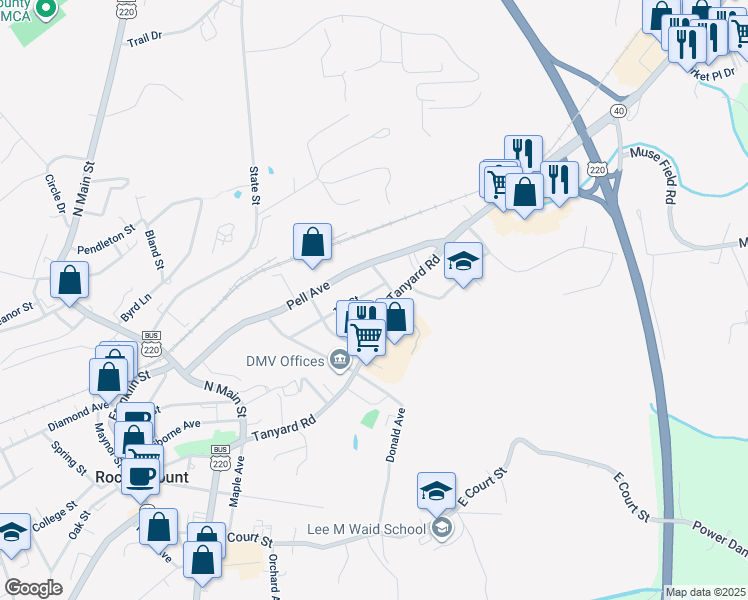 map of restaurants, bars, coffee shops, grocery stores, and more near 100 1st Street in Rocky Mount