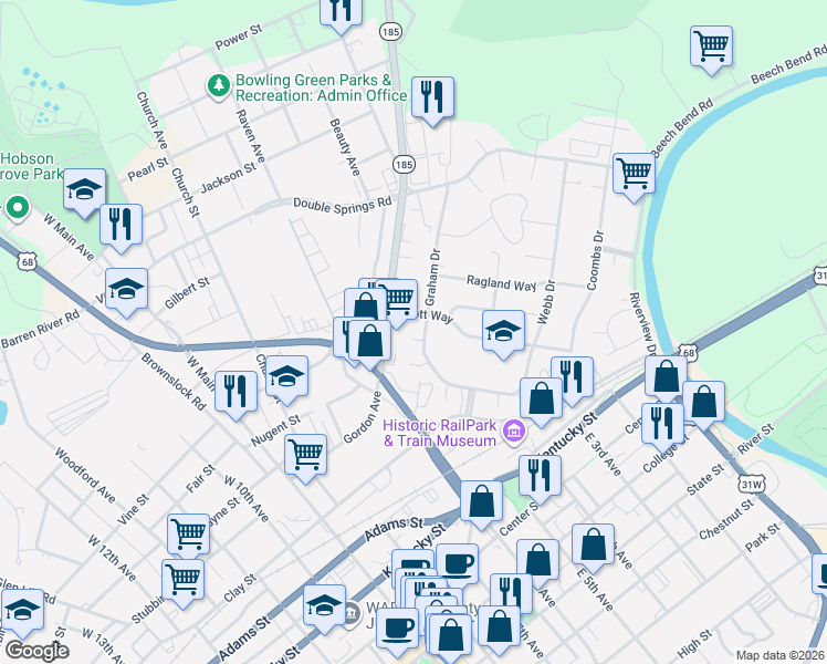 map of restaurants, bars, coffee shops, grocery stores, and more near 255 Petrie Court in Bowling Green