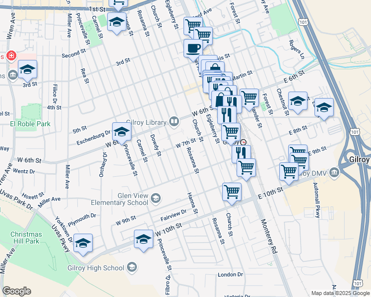 map of restaurants, bars, coffee shops, grocery stores, and more near 7289 Rosanna Street in Gilroy