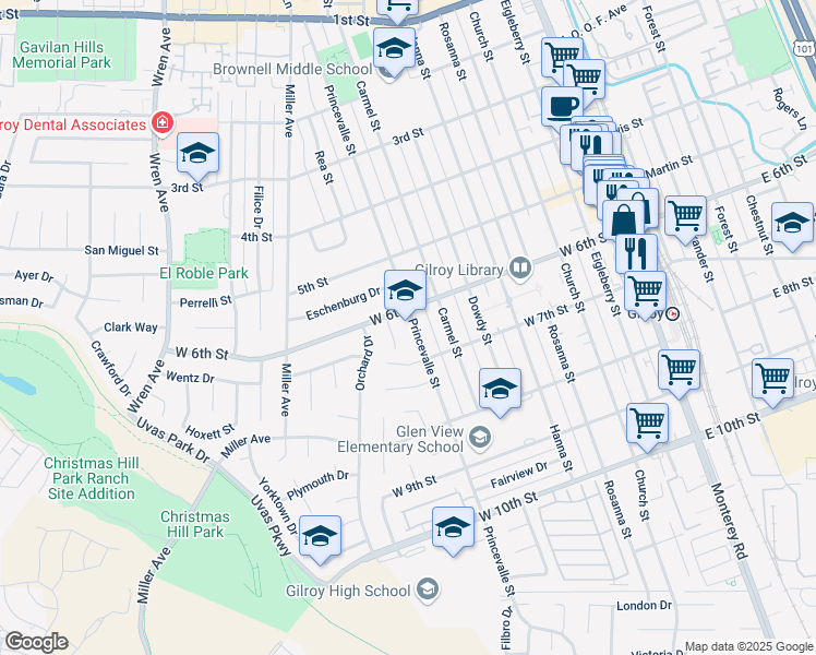 map of restaurants, bars, coffee shops, grocery stores, and more near 7375 Princevalle Street in Gilroy