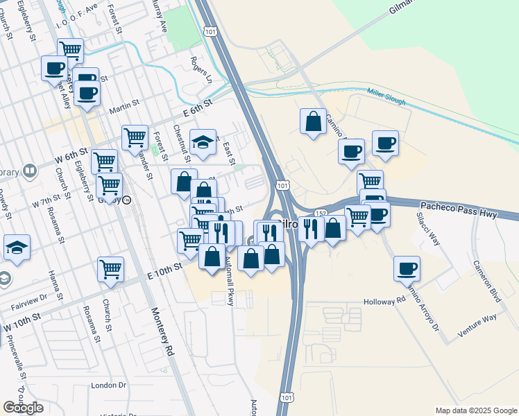 map of restaurants, bars, coffee shops, grocery stores, and more near 450 East 9th Street in Gilroy