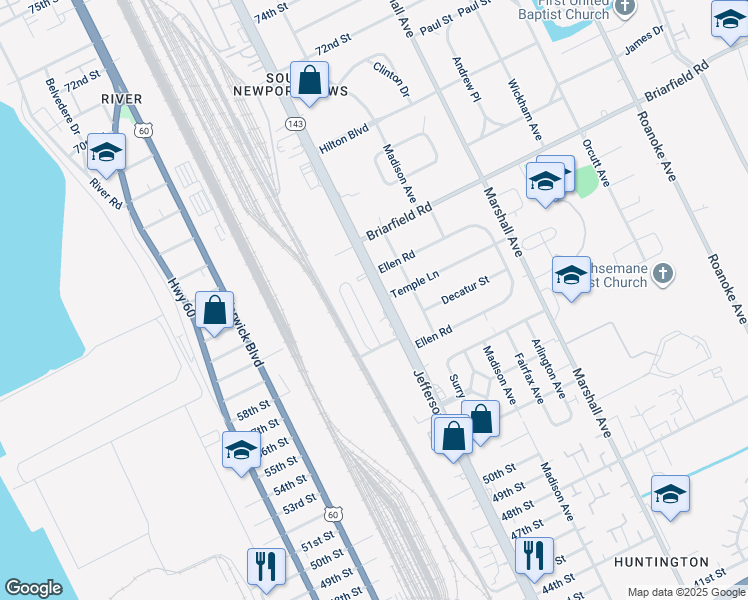 map of restaurants, bars, coffee shops, grocery stores, and more near 5825 Jefferson Avenue in Newport News