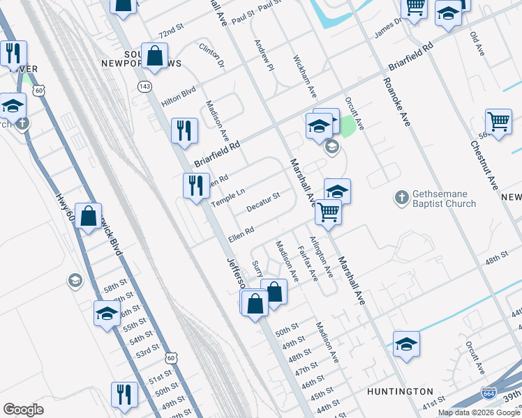 map of restaurants, bars, coffee shops, grocery stores, and more near 680 Ellen Road in Newport News