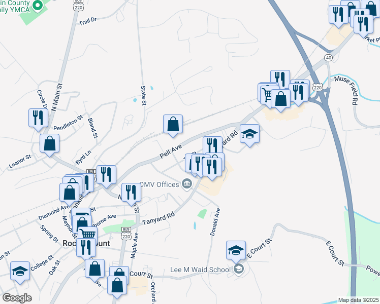 map of restaurants, bars, coffee shops, grocery stores, and more near 100-322 1st Street in Rocky Mount