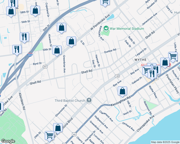 map of restaurants, bars, coffee shops, grocery stores, and more near 417 Craven Street in Hampton