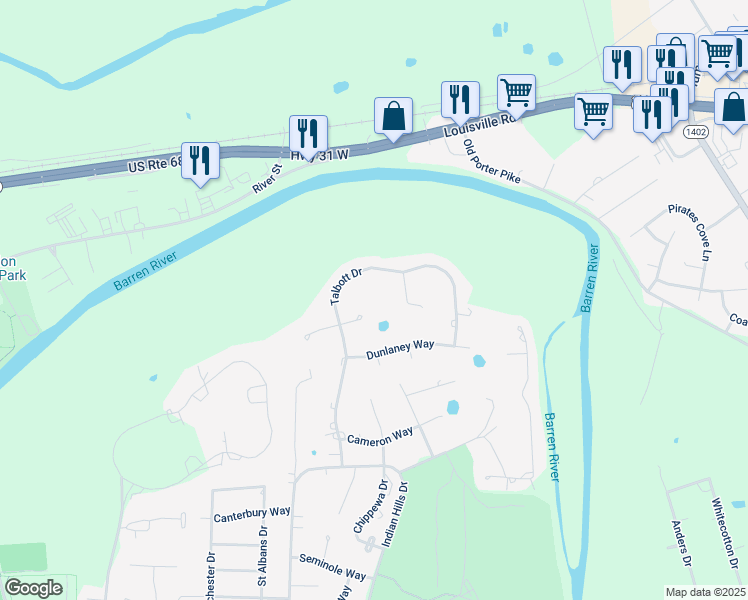 map of restaurants, bars, coffee shops, grocery stores, and more near 1698 Wickland Court in Bowling Green
