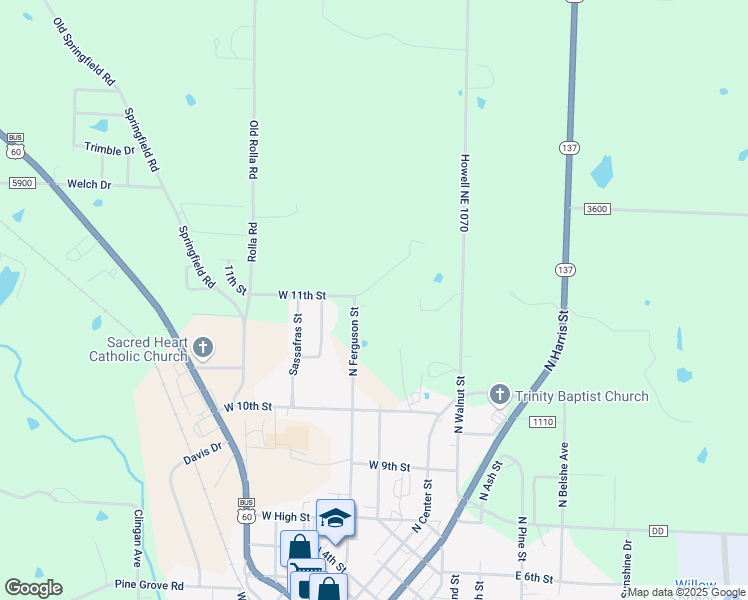 map of restaurants, bars, coffee shops, grocery stores, and more near 1027 North Ferguson Street in Willow Springs