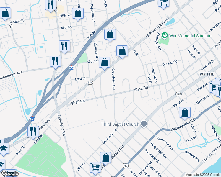 map of restaurants, bars, coffee shops, grocery stores, and more near 619 Greenbriar Avenue in Hampton