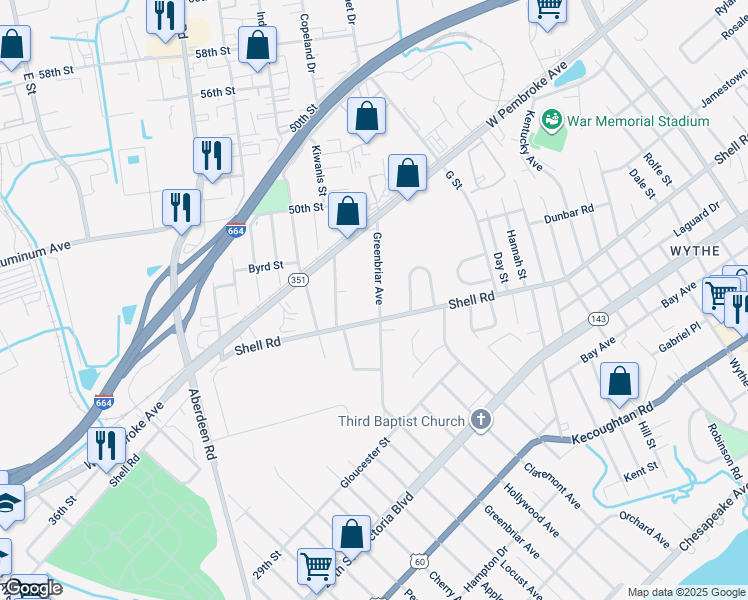 map of restaurants, bars, coffee shops, grocery stores, and more near 619 Greenbriar Avenue in Hampton