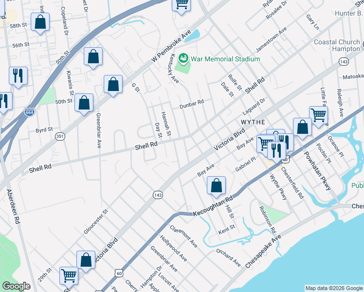 map of restaurants, bars, coffee shops, grocery stores, and more near 510 Pennsylvania Avenue in Hampton